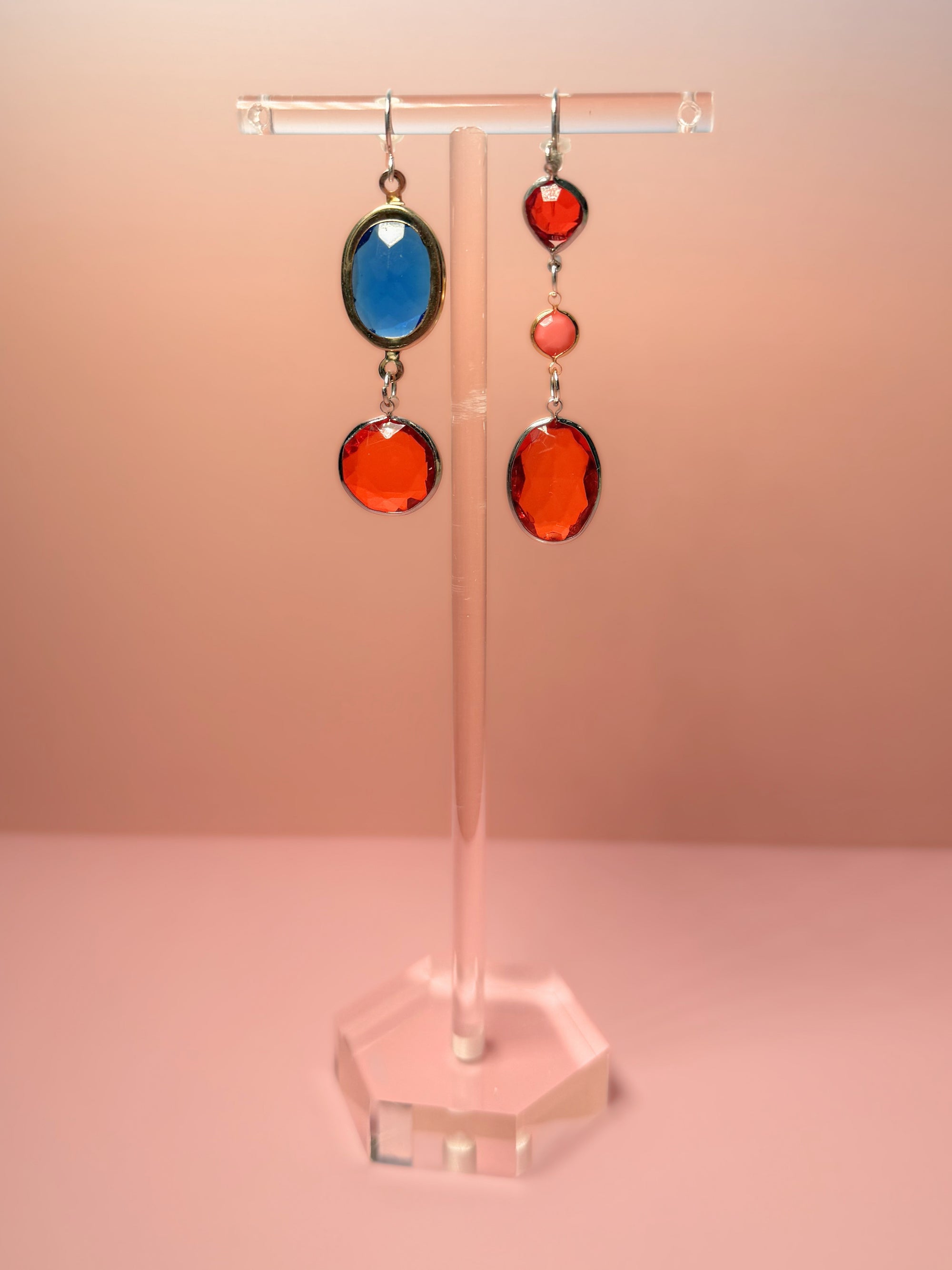 Ramona Mismatched Lucite Drop Earrings — Blue, Coral & Orange-Red