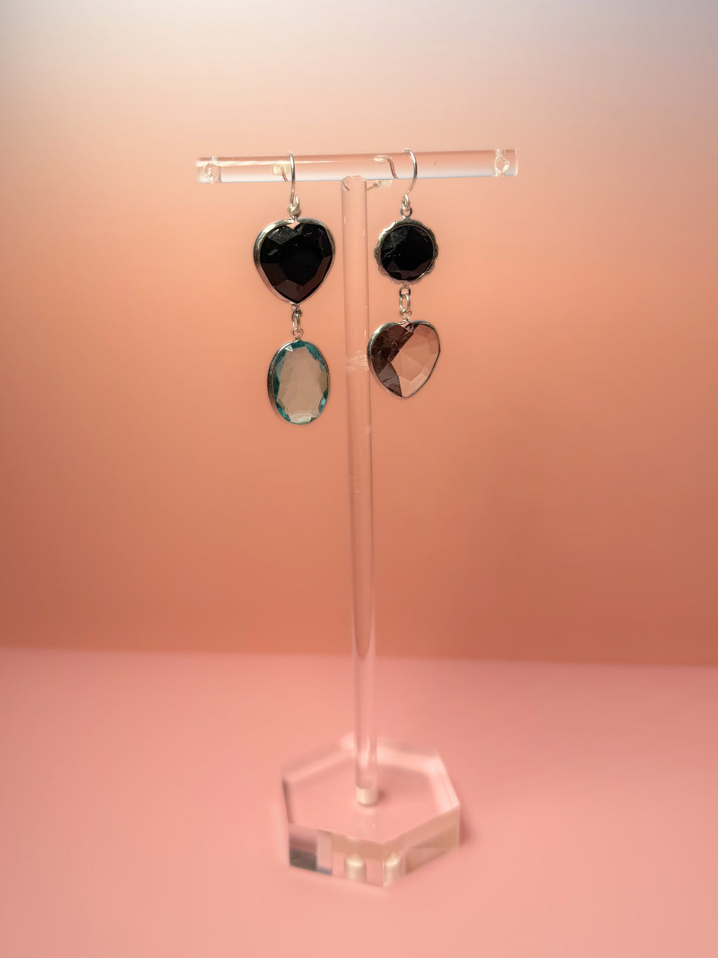 Sylvia Mismatched Lucite Drop Earrings — Jet Black & Icy Blue