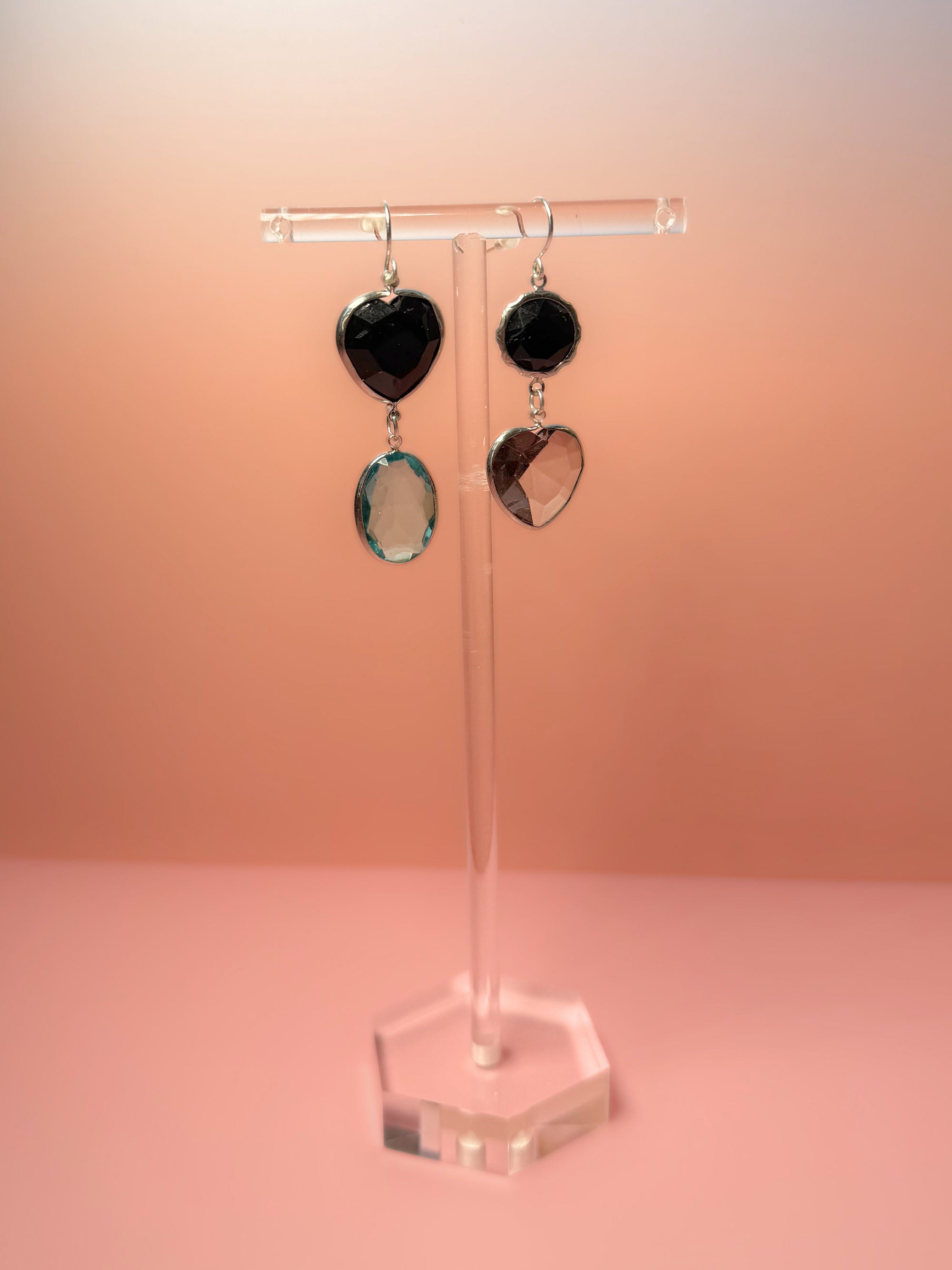 Sylvia Mismatched Lucite Drop Earrings — Jet Black & Icy Blue