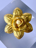 Vintage Gold Flower Brooch with Faux Pearl Center