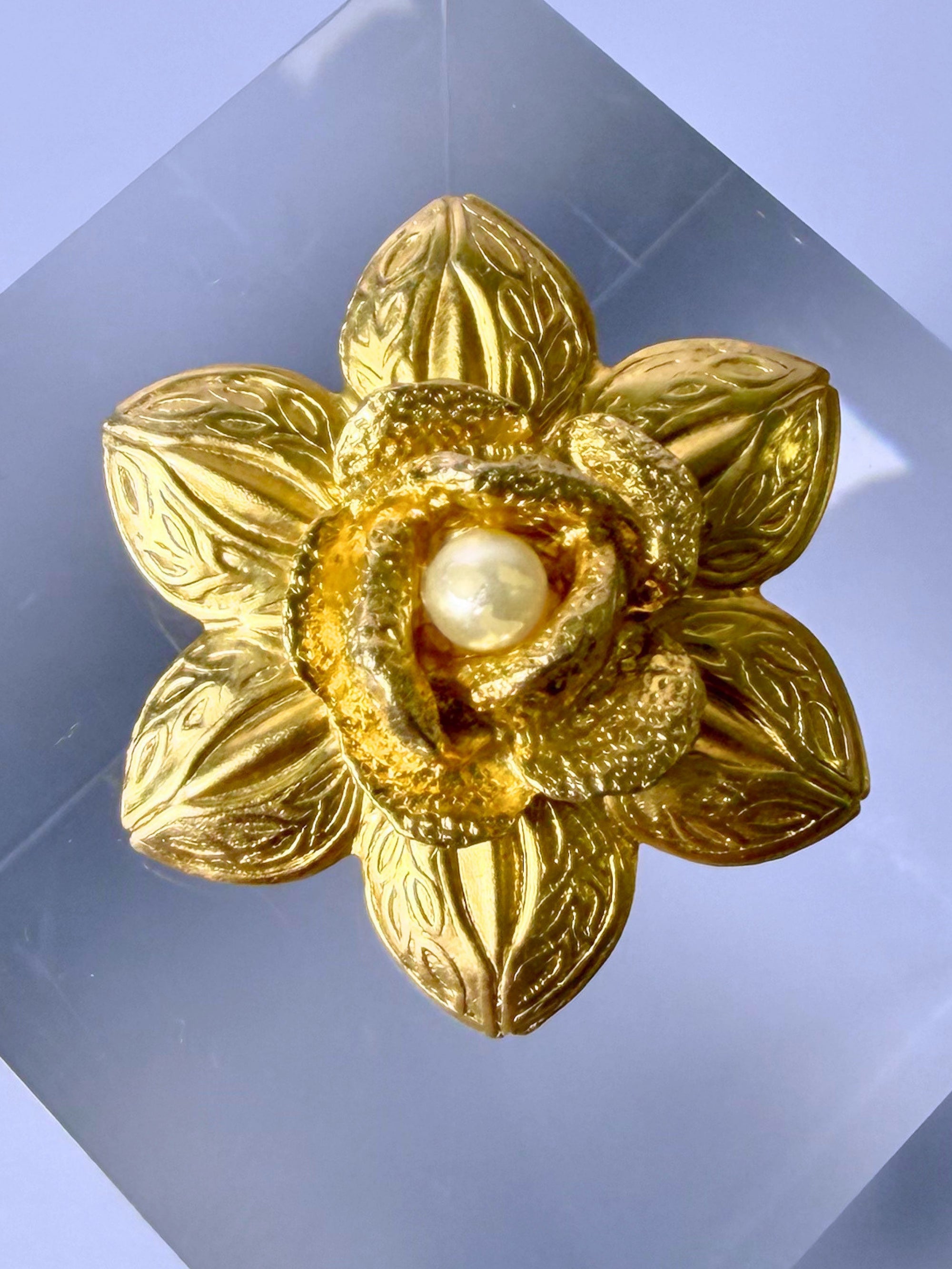 Vintage Gold Flower Brooch with Faux Pearl Center