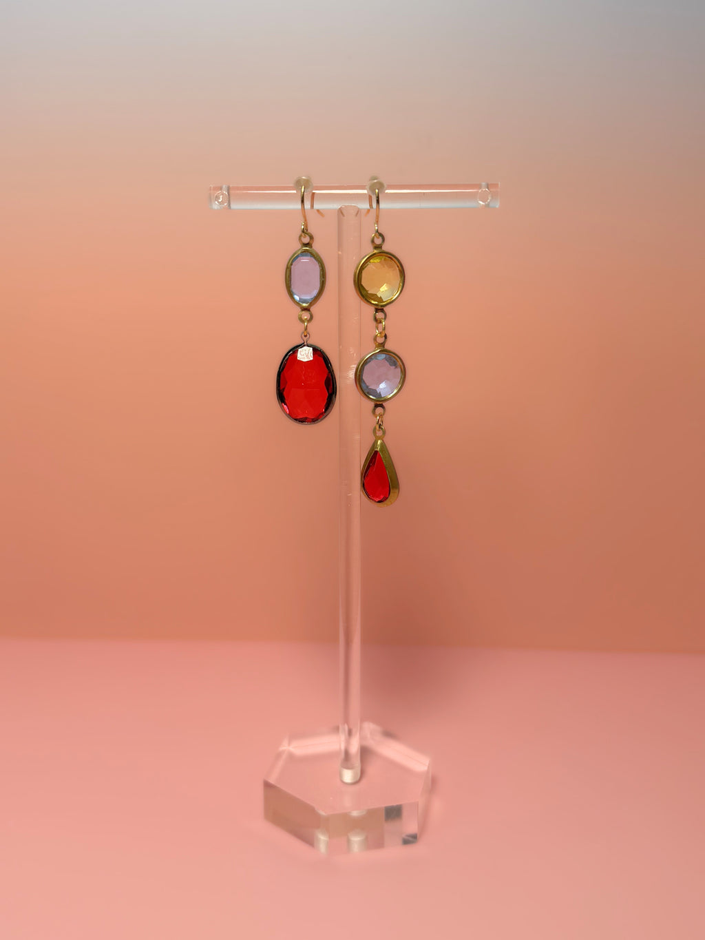 Rosario Mismatched Lucite Drop Earrings — Pale Blue, Yellow & Red