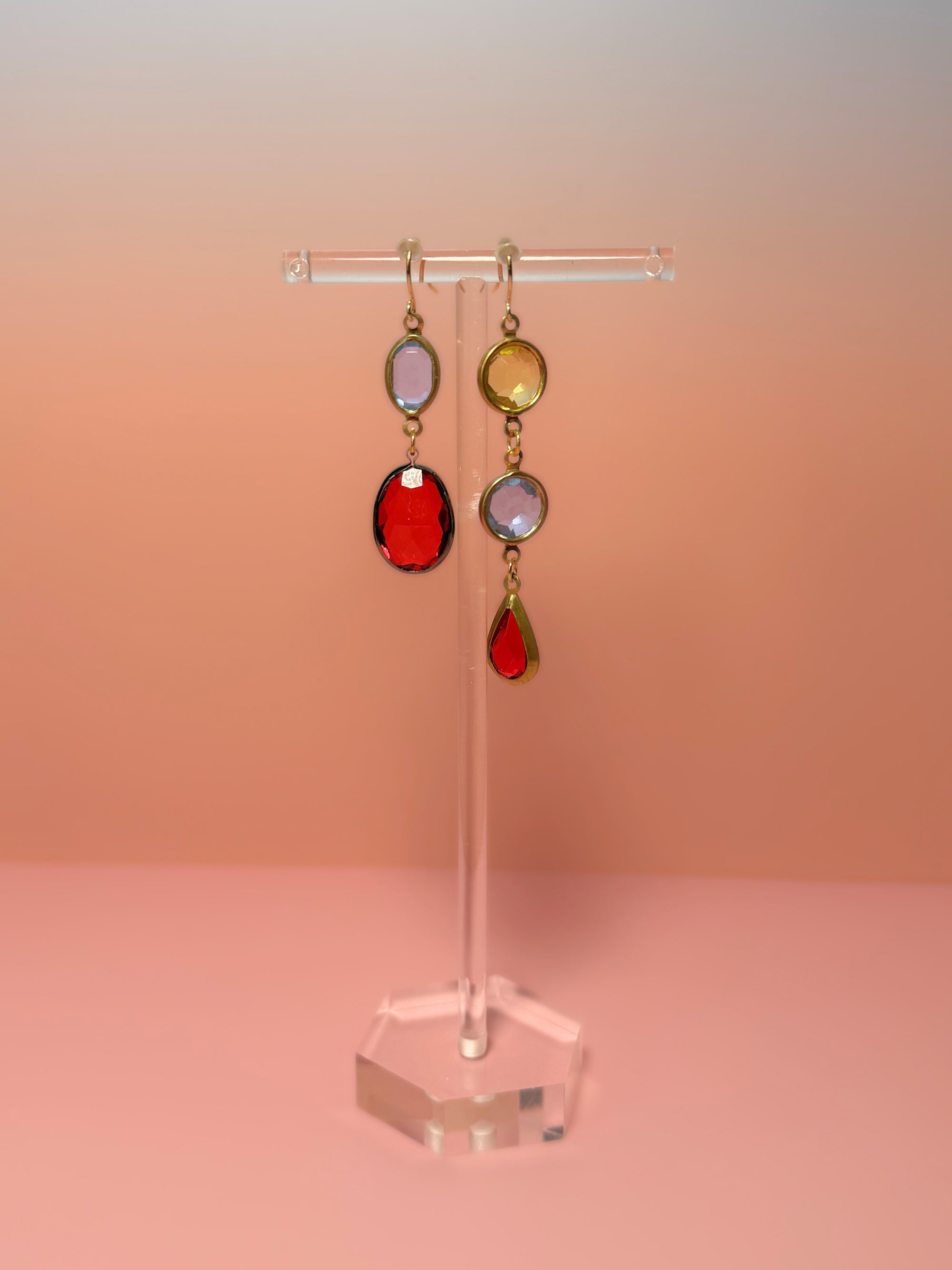 Rosario Mismatched Lucite Drop Earrings — Pale Blue, Yellow & Red