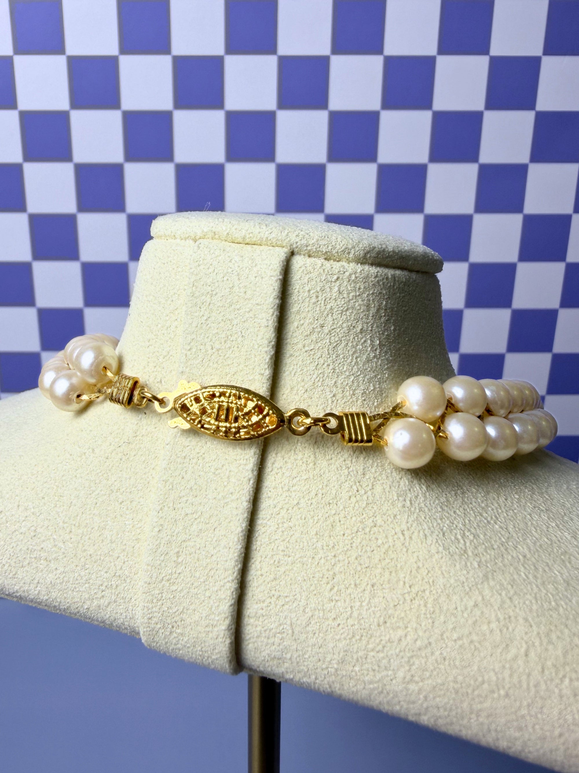 Avon Woven Pearl and Gold Double Strand Necklace