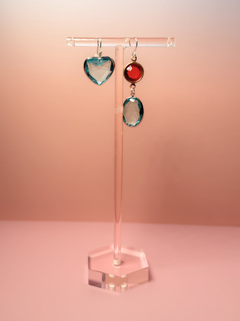 Lucille Mismatched Lucite Drop Earrings — Pale Blue Heart & Red Charm