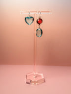 Lucille Mismatched Lucite Drop Earrings — Pale Blue Heart & Red Charm