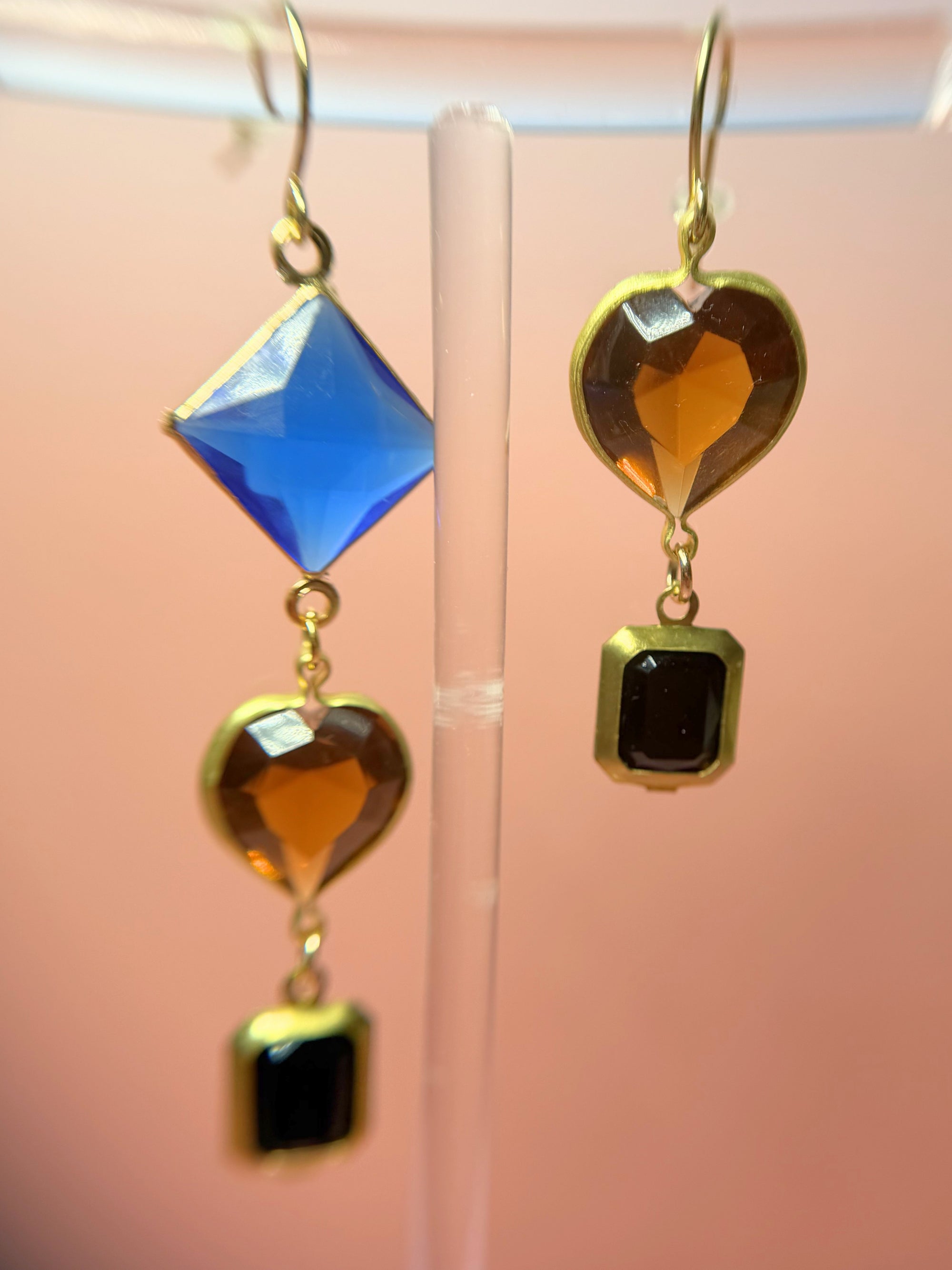 Beatrix Mismatched Lucite Drop Earrings — Cobalt Blue, Brown & Black