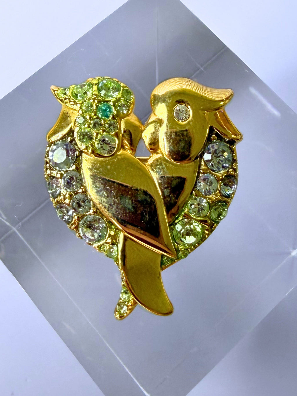 Vintage Gold Lovebirds Brooch with Green Rhinestones