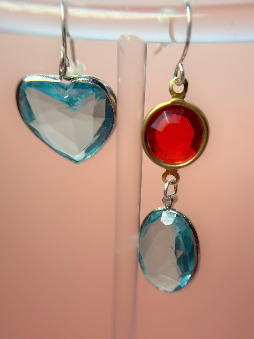 Lucille Mismatched Lucite Drop Earrings — Pale Blue Heart & Red Charm