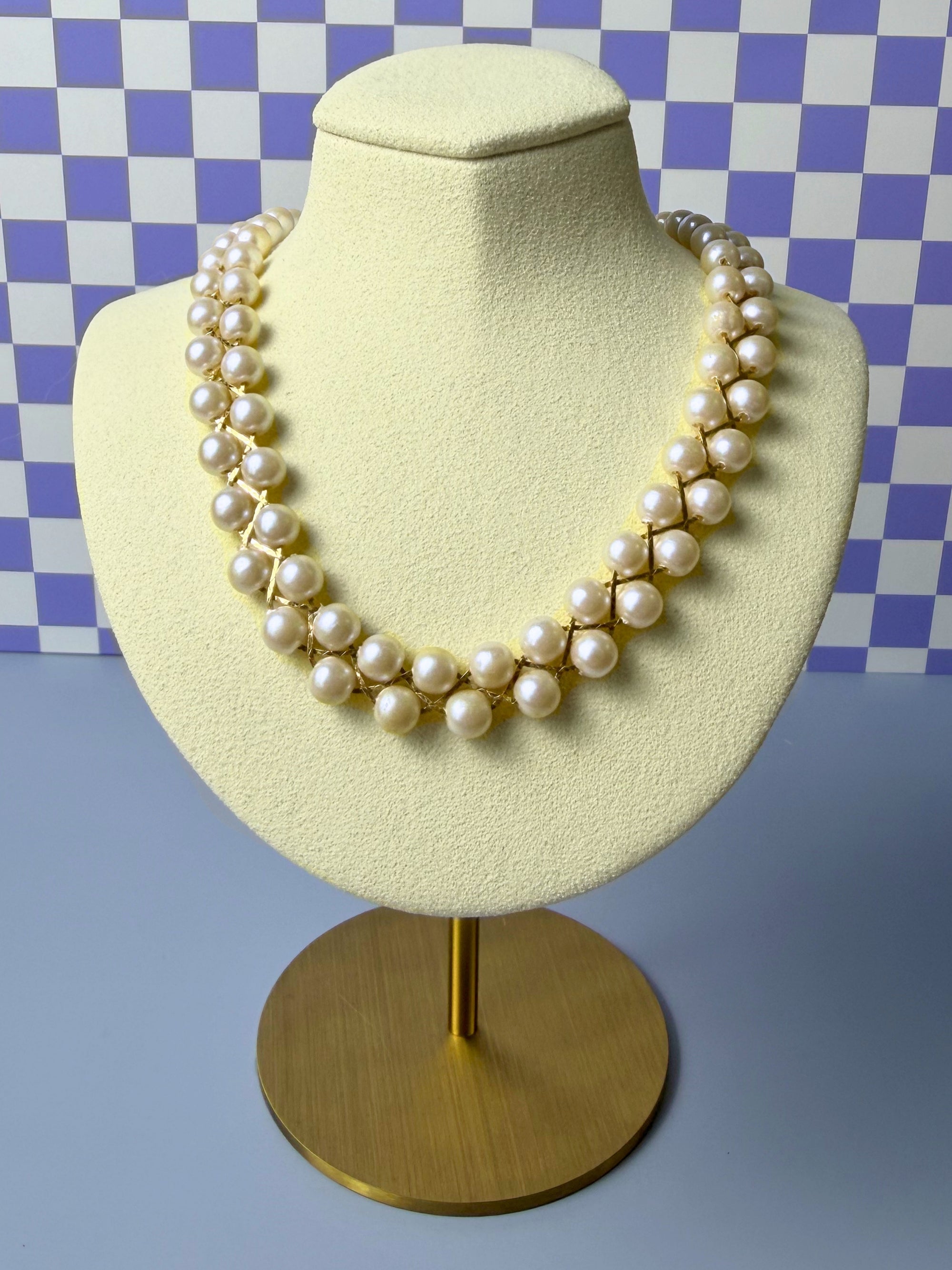 Avon Woven Pearl and Gold Double Strand Necklace