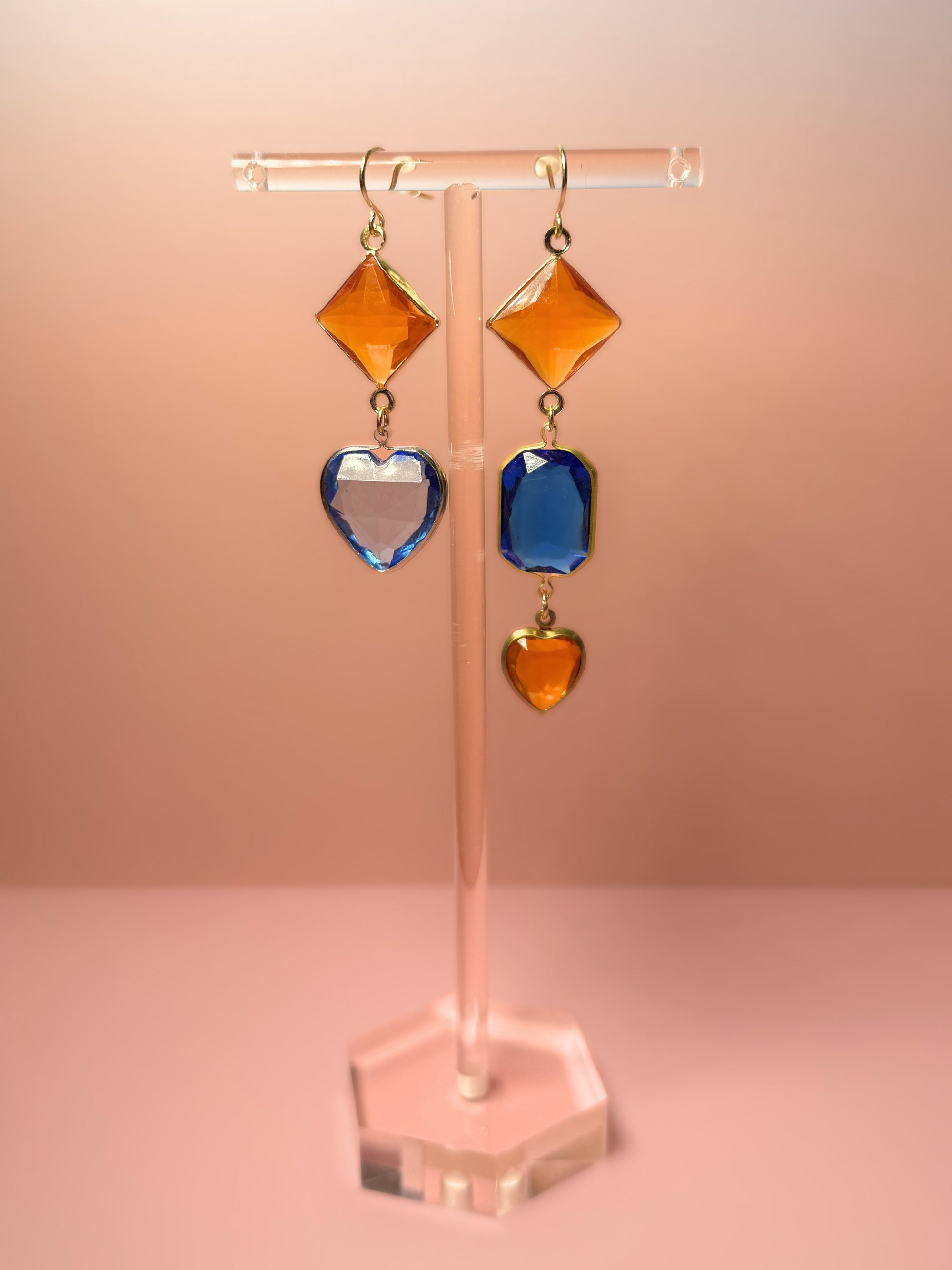 Harriet Mismatched Lucite Drop Earrings — Amber Diamond & Blue Heart