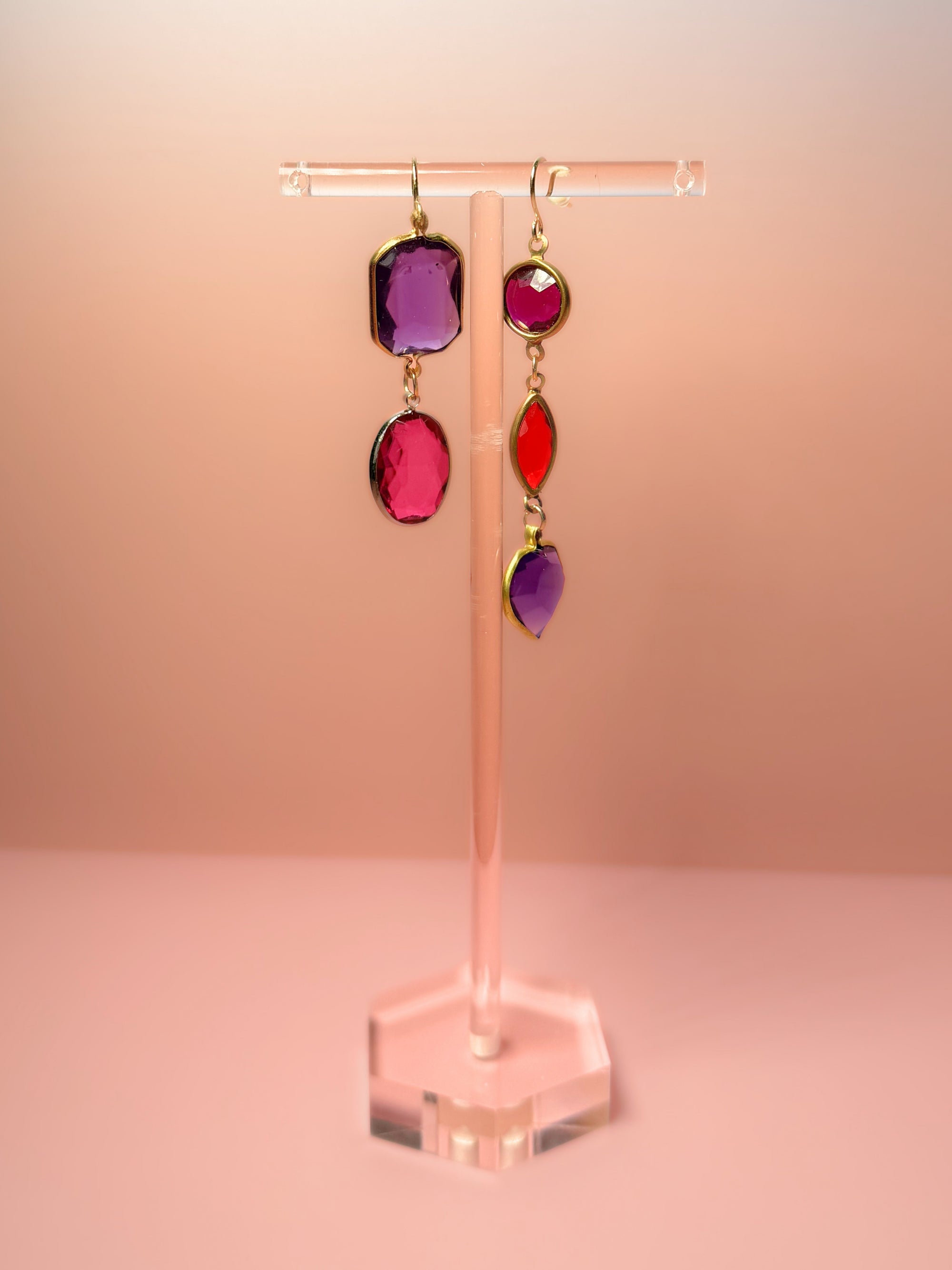Valentina Mismatched Lucite Drop Earrings — Purple, Magenta & Red