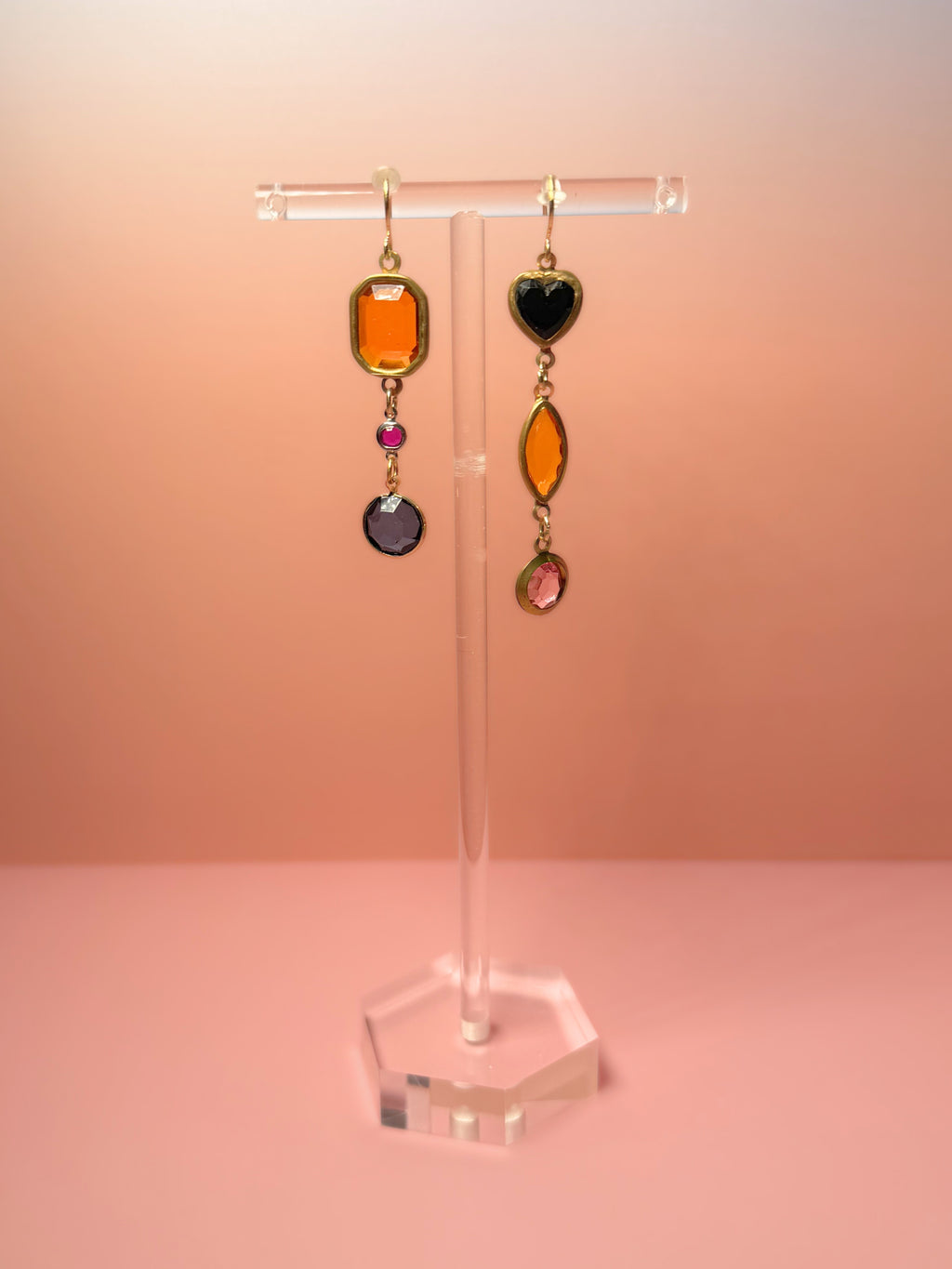 Dolores Mismatched Lucite Drop Earrings — Amber, Magenta & Navy