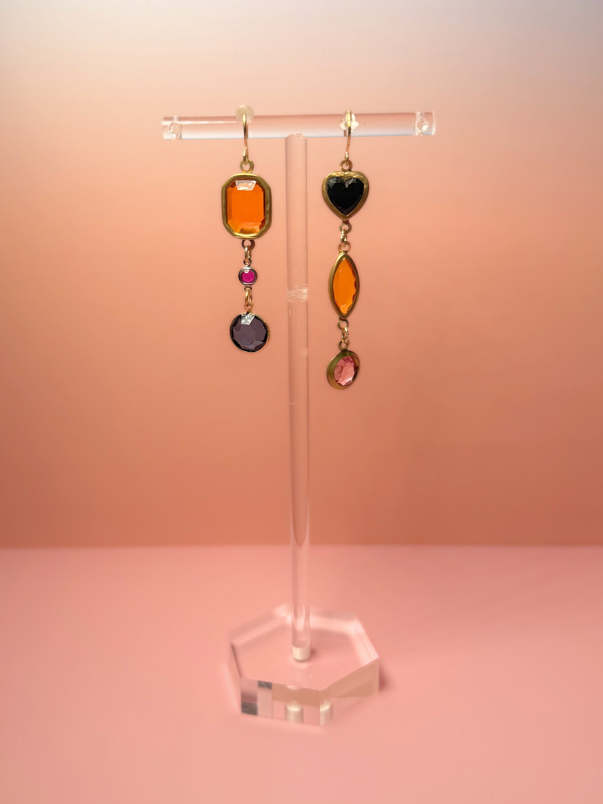 Dolores Mismatched Lucite Drop Earrings — Amber, Magenta & Navy