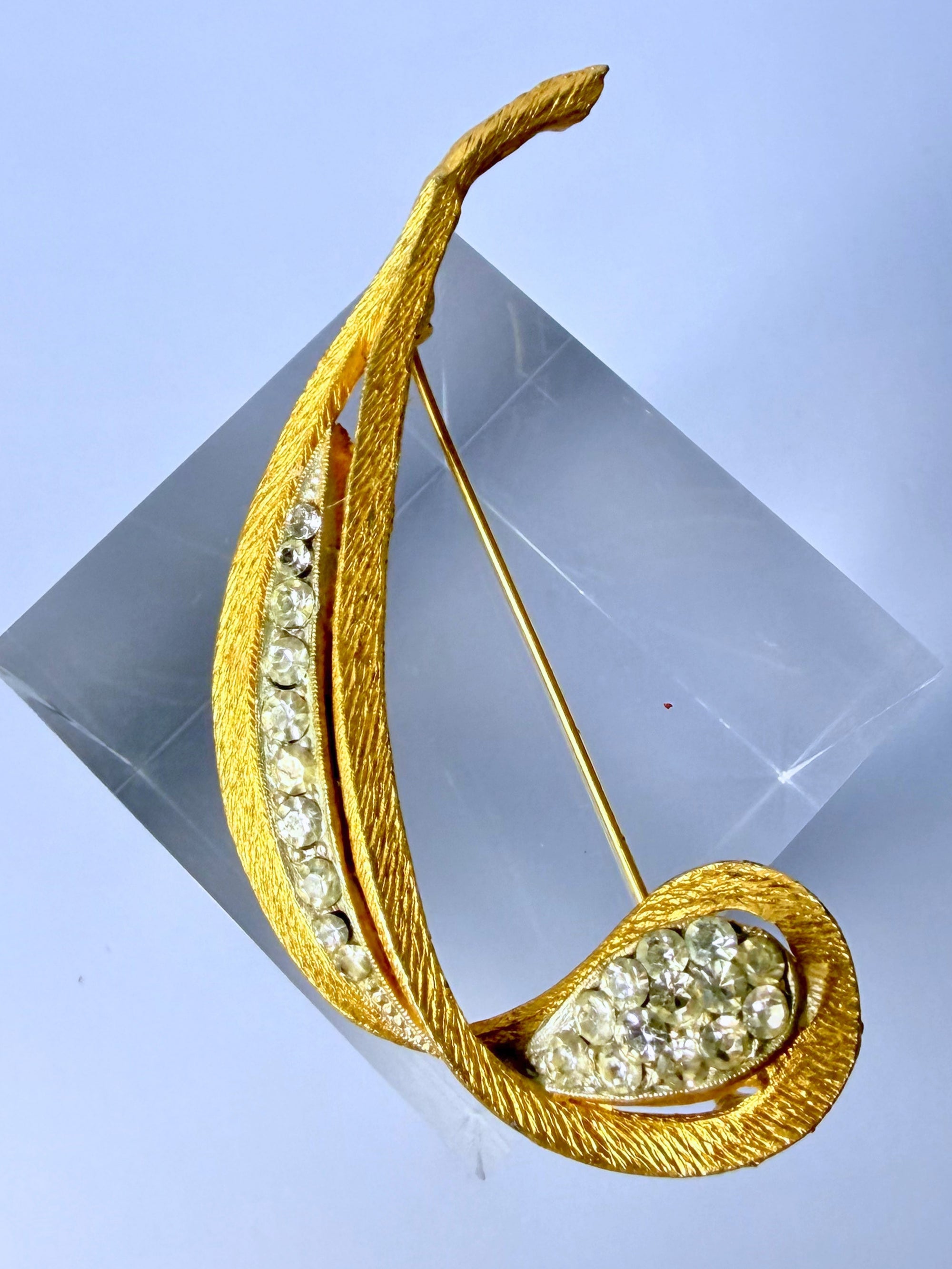 Midcentury Crystal Leaf Brooch