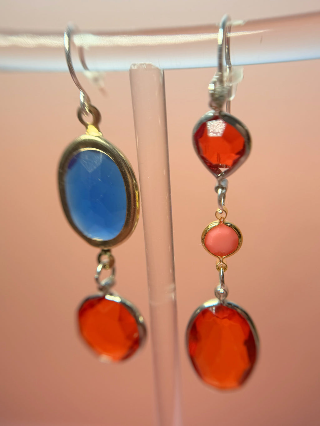 Ramona Mismatched Lucite Drop Earrings — Blue, Coral & Orange-Red