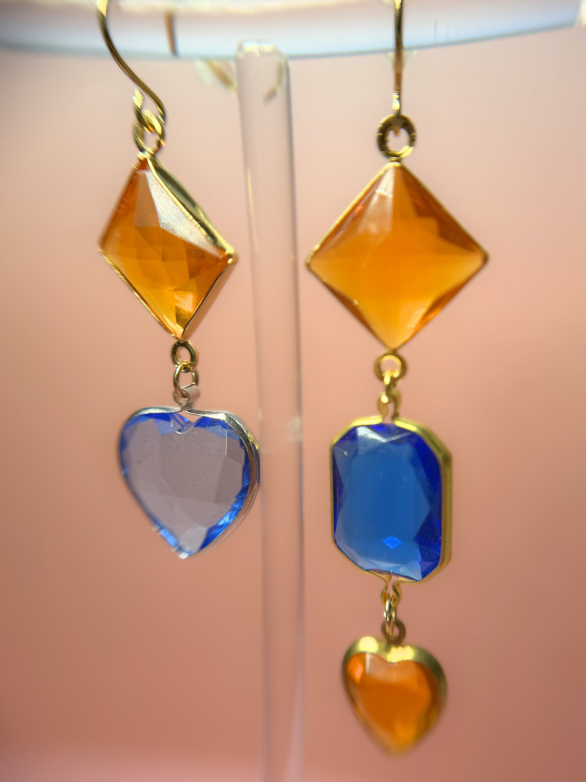 Harriet Mismatched Lucite Drop Earrings — Amber Diamond & Blue Heart