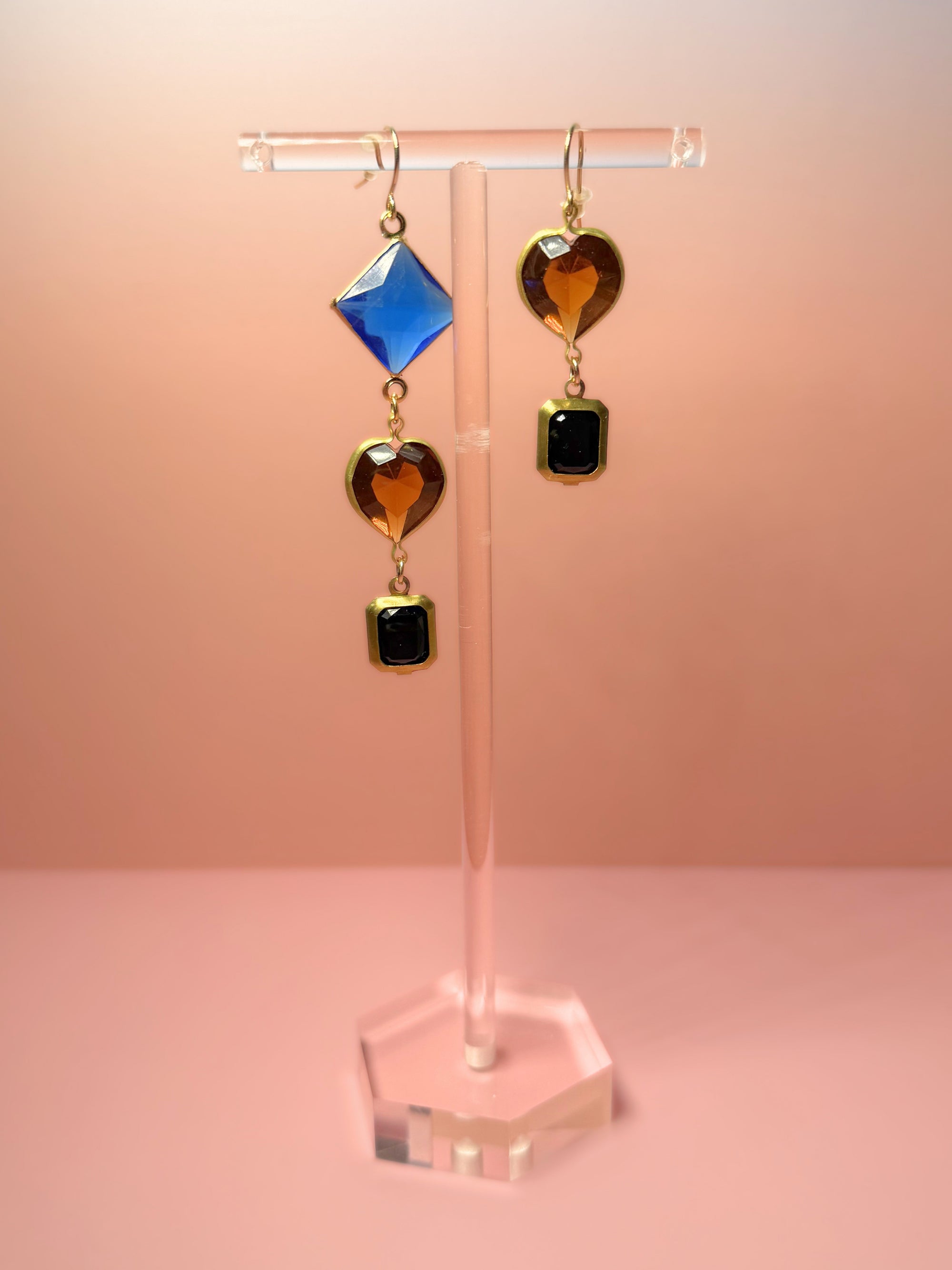 Beatrix Mismatched Lucite Drop Earrings — Cobalt Blue, Brown & Black