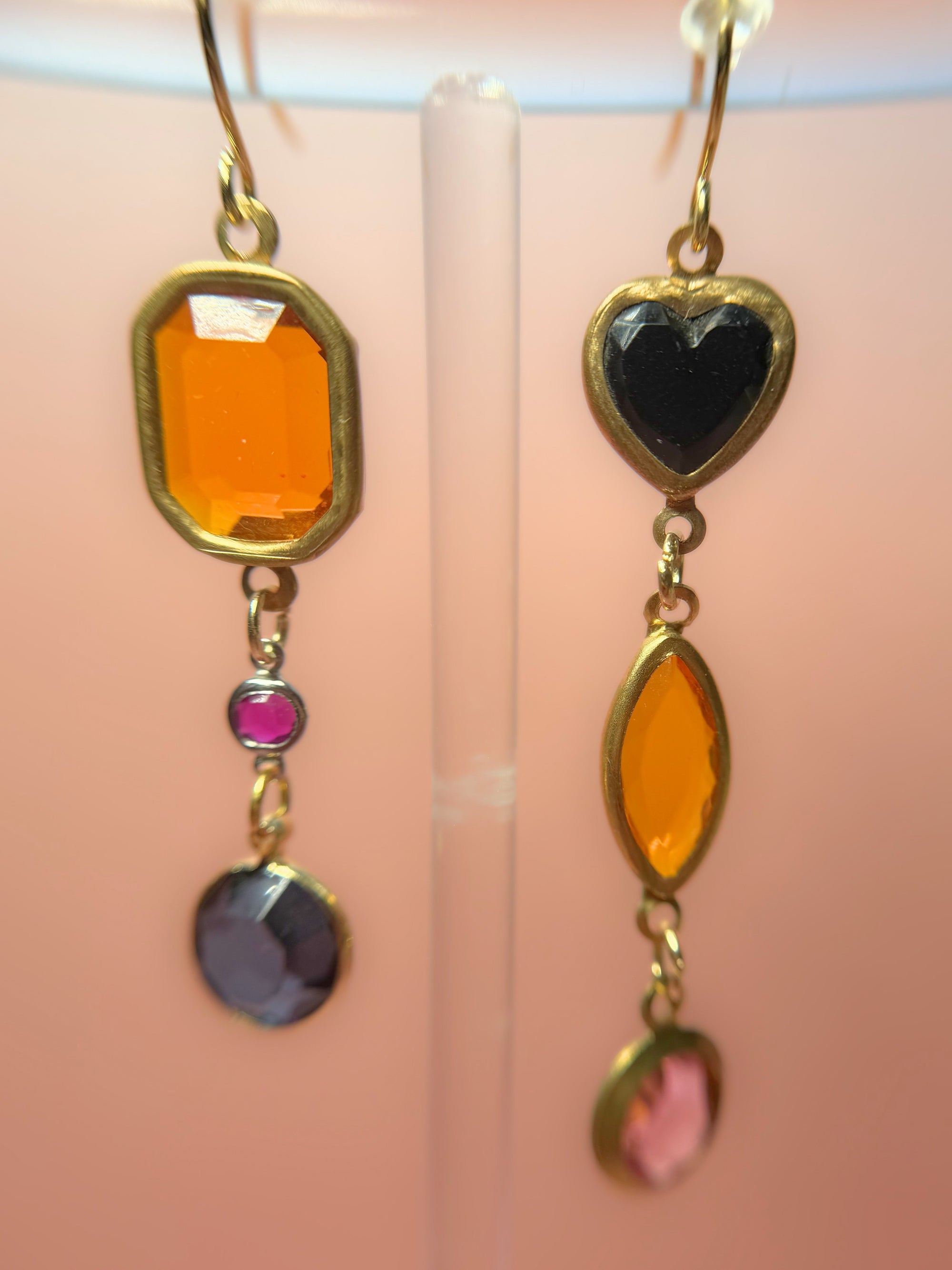 Dolores Mismatched Lucite Drop Earrings — Amber, Magenta & Navy