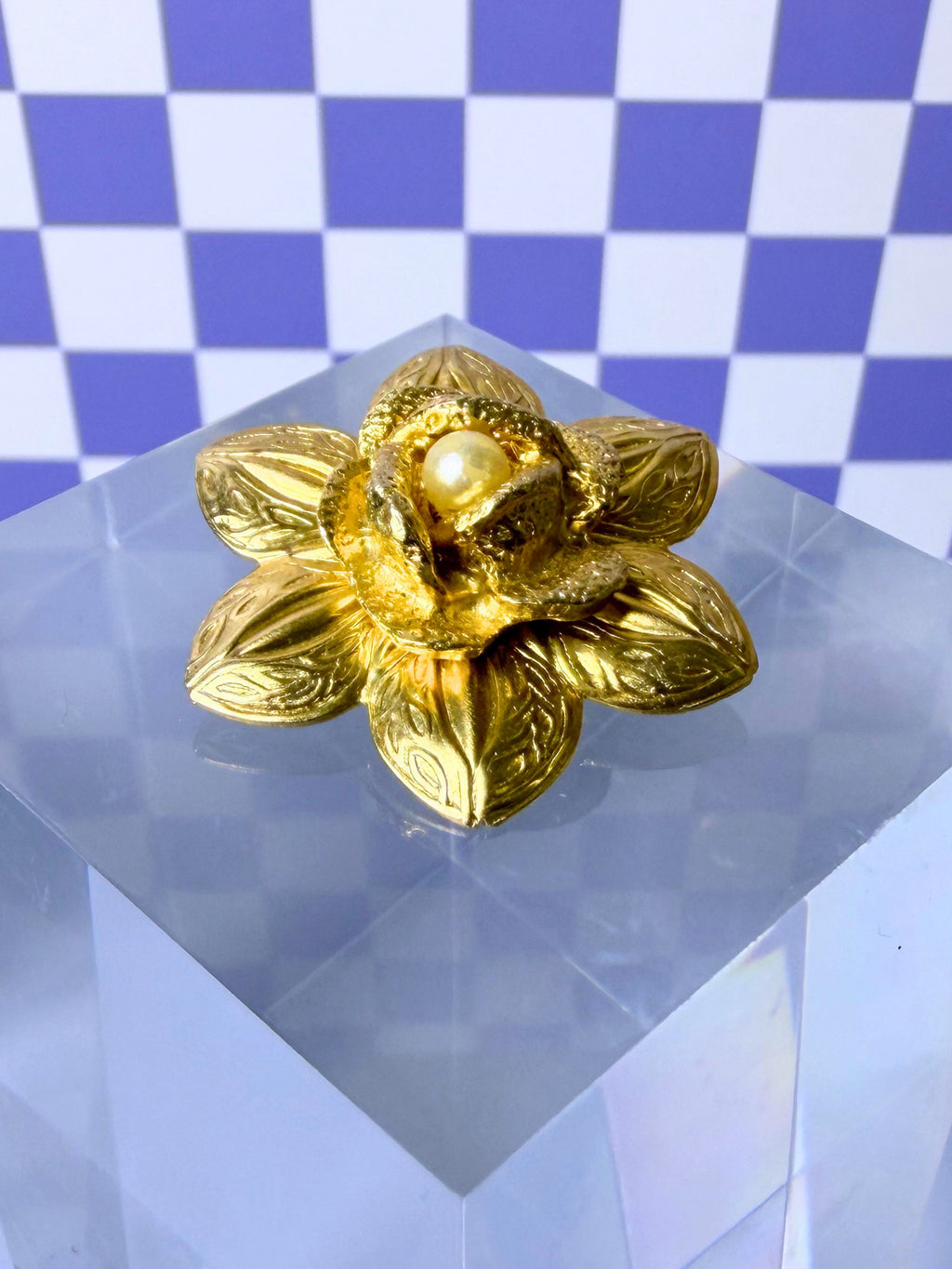 Vintage Gold Flower Brooch with Faux Pearl Center