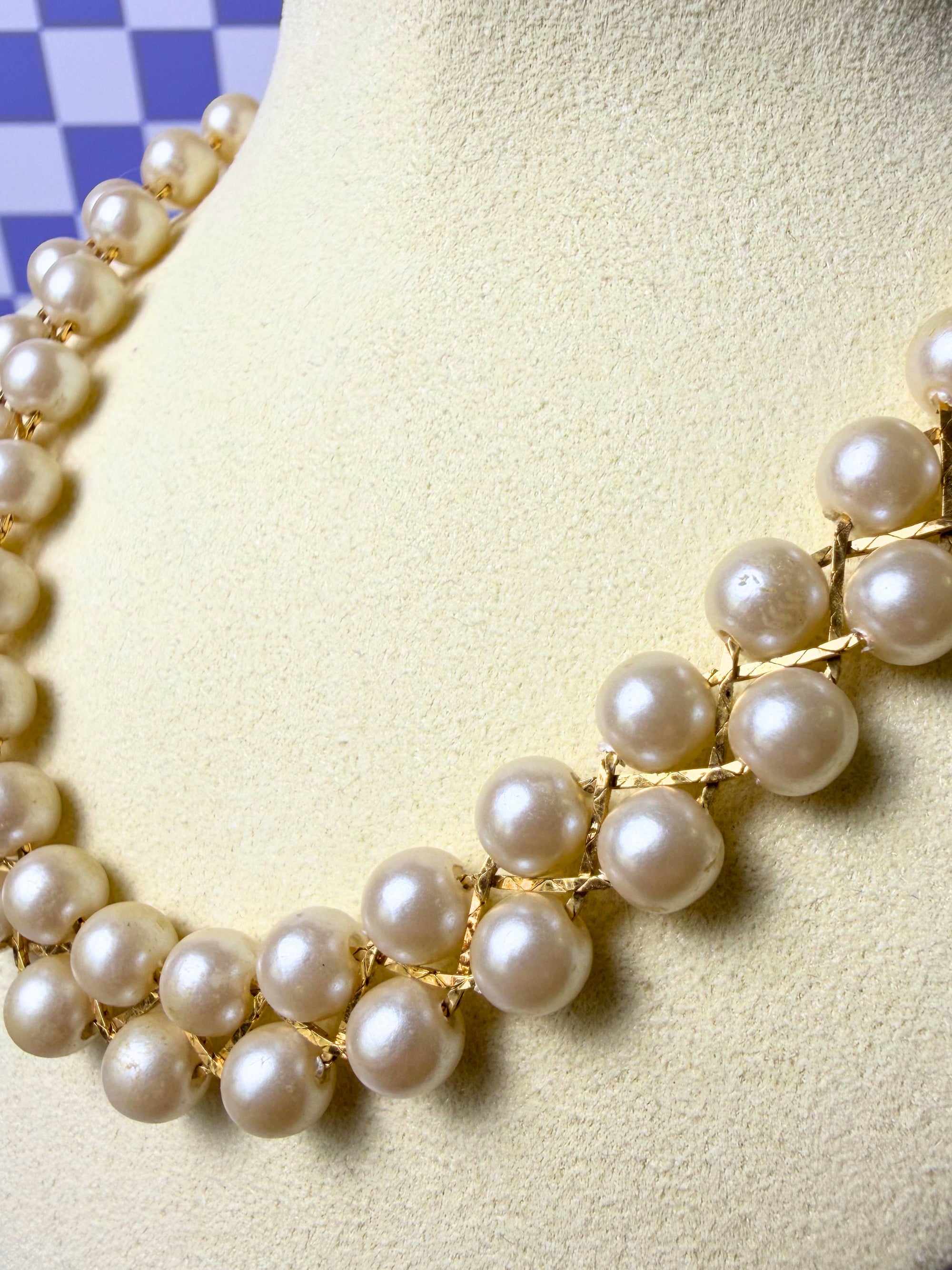 Avon Woven Pearl and Gold Double Strand Necklace