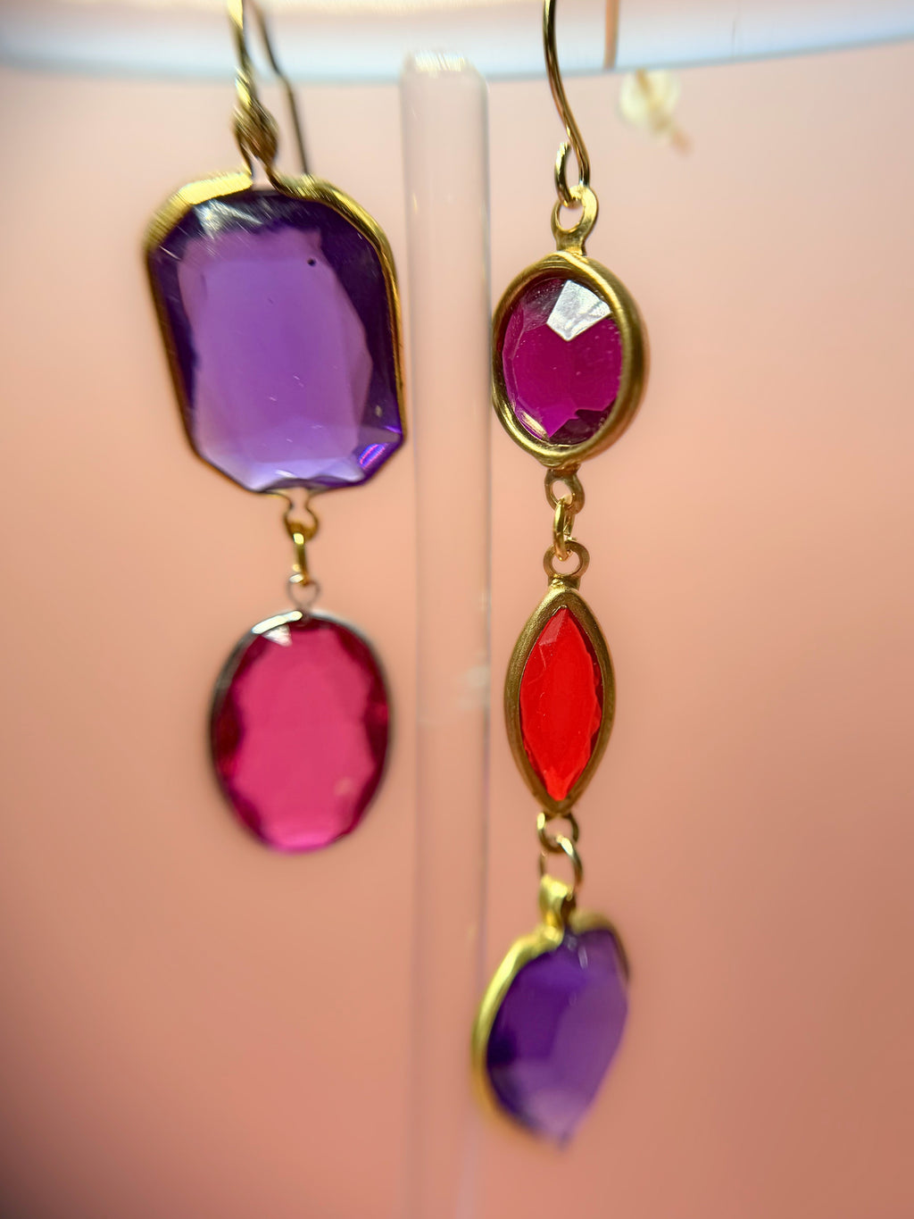 Valentina Mismatched Lucite Drop Earrings — Purple, Magenta & Red