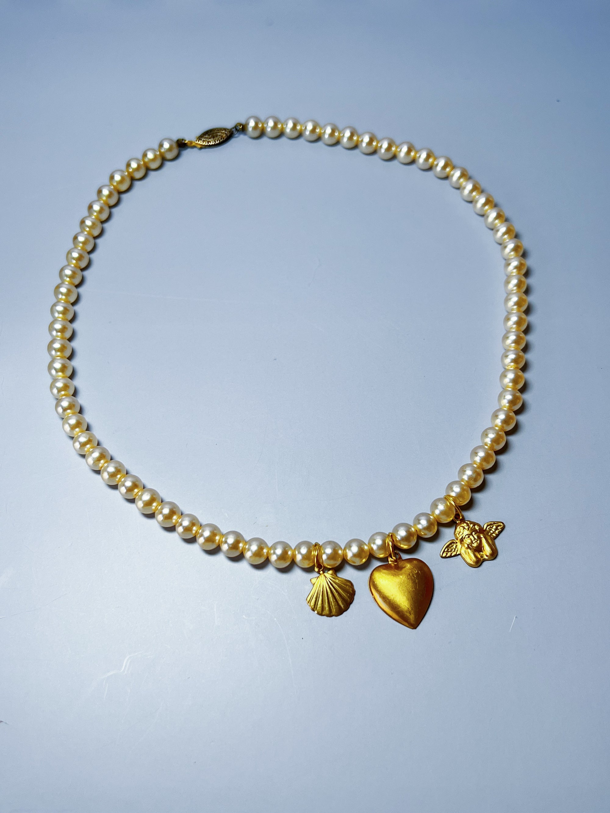 Pearl & Brass Charm Necklace