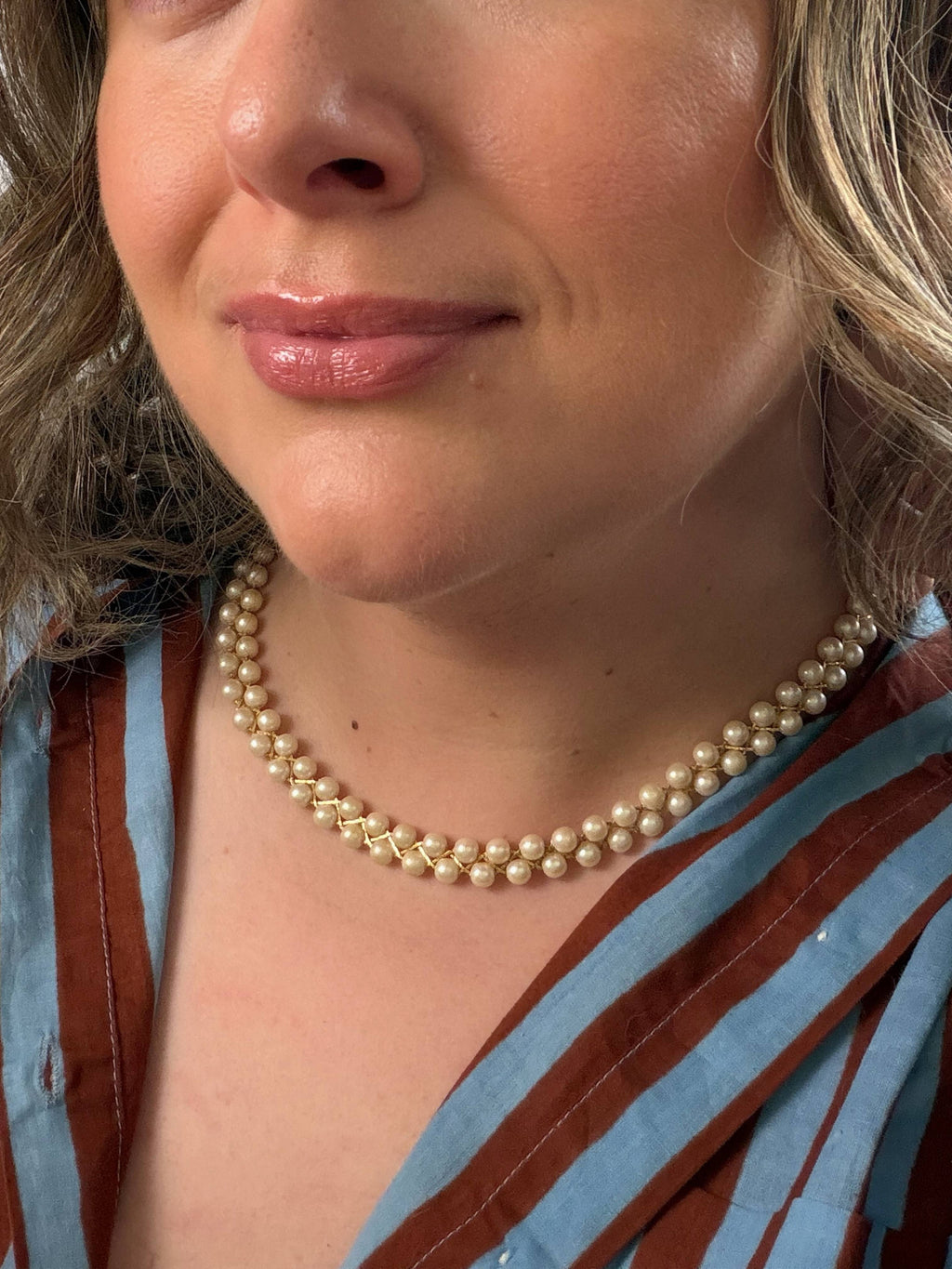Avon Woven Pearl and Gold Double Strand Necklace