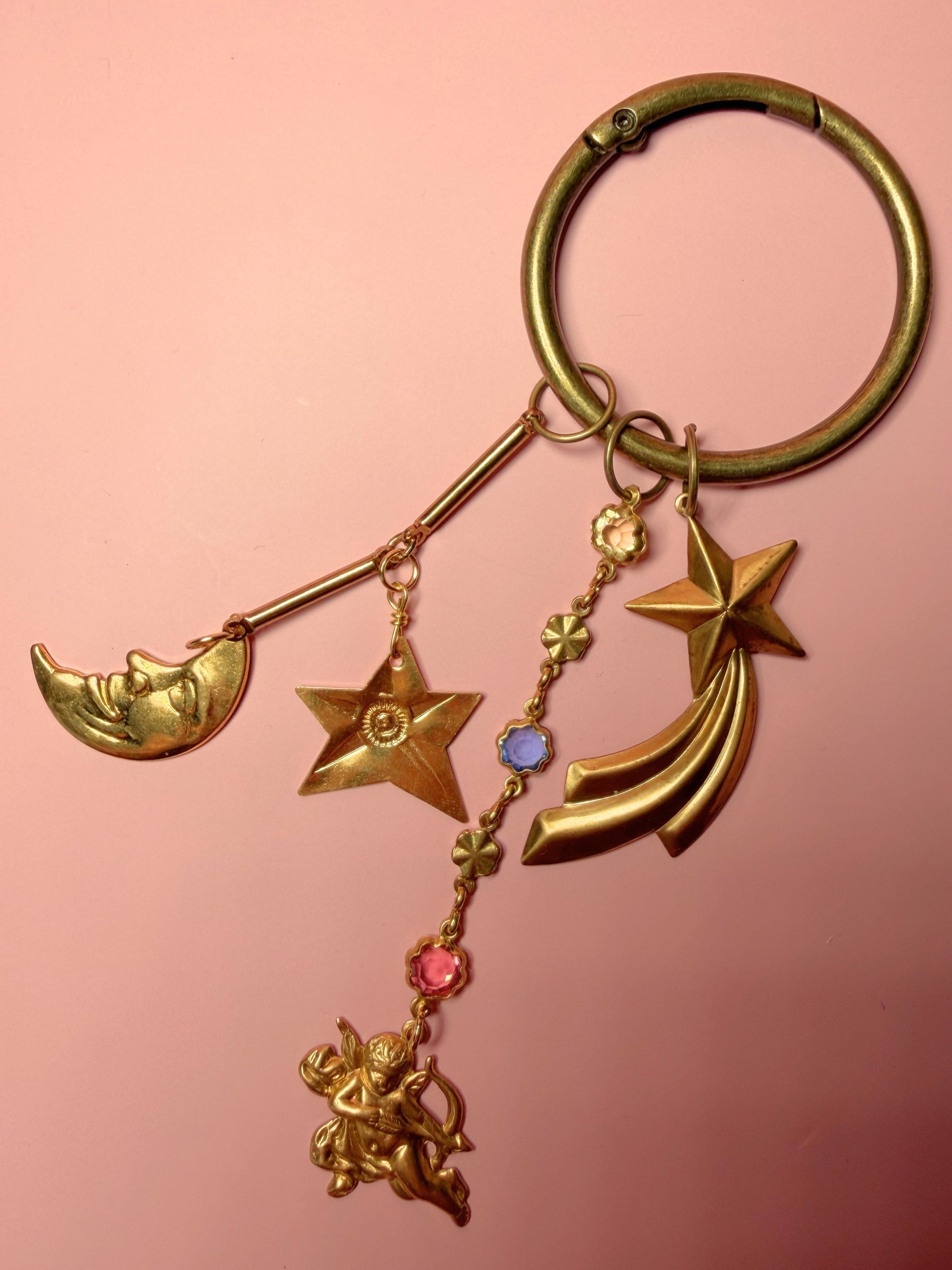 Celestial Dreams Vintage Charm Bag Charm — Moon, Stars & Cherub